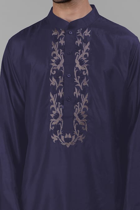 Buy Talking Threads Blue Silk Embroidered Floral Placket Kurta Online at Aza Fashions Buy_Talking Threads_Blue Silk Embroidered Floral Placket Kurta _Online_at_Aza_Fashions
