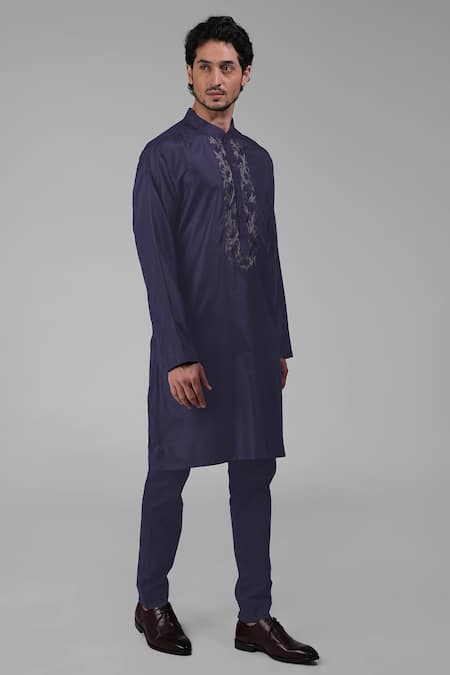 Shop Talking Threads Blue Silk Embroidered Floral Placket Kurta Online at Aza Fashions Shop_Talking Threads_Blue Silk Embroidered Floral Placket Kurta _Online_at_Aza_Fashions