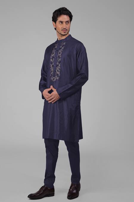 Talking Threads Blue Silk Embroidered Floral Placket Kurta at Aza Fashions Talking Threads_Blue Silk Embroidered Floral Placket Kurta _at_Aza_Fashions