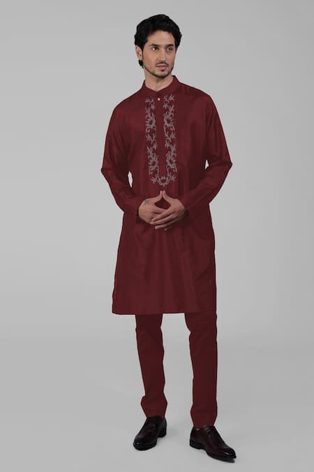Talking Threads Maroon Silk Embroidered Floral Placed Kurta  