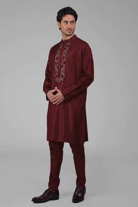 Talking Threads_Maroon Silk Embroidered Floral Placed Kurta  _at_Aza_Fashions