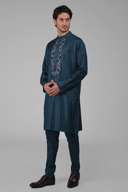 Talking Threads Blue Silk Embroidered Floral Placement Kurta Online at Aza Fashions Talking Threads_Blue Silk Embroidered Floral Placement Kurta _Online_at_Aza_Fashions
