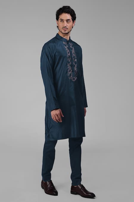 Buy Talking Threads Blue Silk Embroidered Floral Placement Kurta Online at Aza Fashions Buy_Talking Threads_Blue Silk Embroidered Floral Placement Kurta _Online_at_Aza_Fashions
