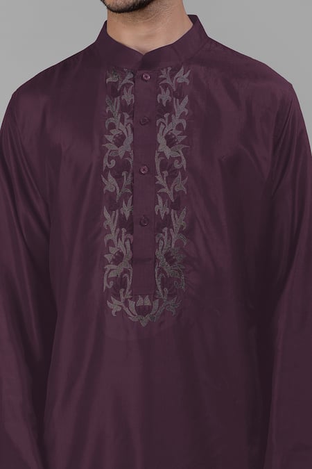Talking Threads_Wine Silk Embroidered Floral Placement Kurta  _Online_at_Aza_Fashions