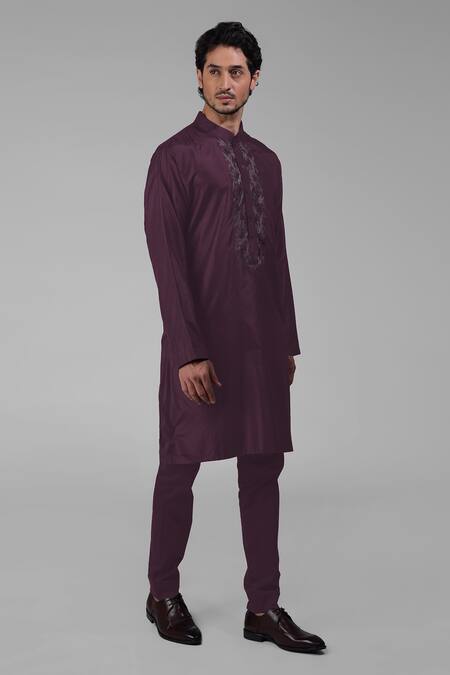 Shop_Talking Threads_Wine Silk Embroidered Floral Placement Kurta  _Online_at_Aza_Fashions