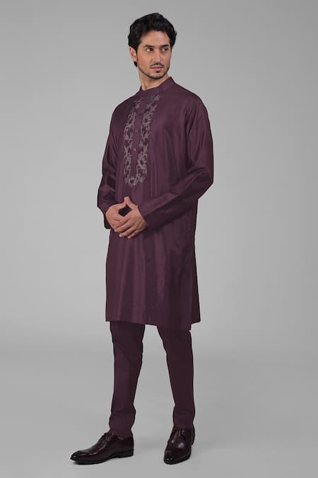 Talking Threads_Wine Silk Embroidered Floral Placement Kurta  _at_Aza_Fashions