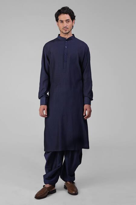 Talking Threads_Blue Silk Embroidered Thread Pintuck Kurta Salwar Set  _Online_at_Aza_Fashions