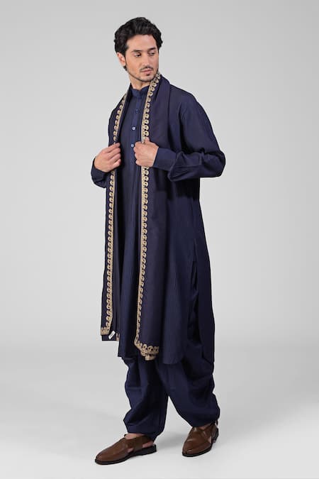 Buy_Talking Threads_Blue Silk Embroidered Thread Pintuck Kurta Salwar Set  _Online_at_Aza_Fashions