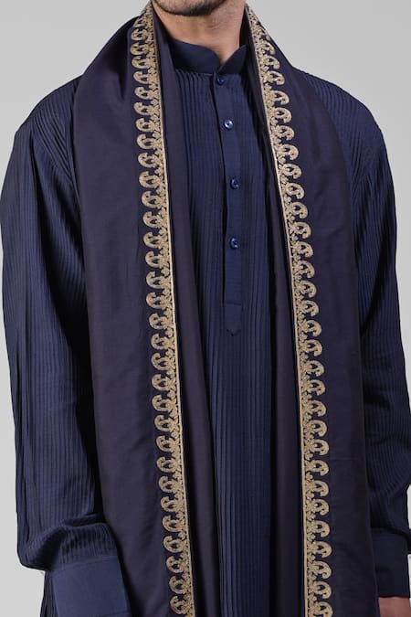 Shop_Talking Threads_Blue Silk Embroidered Thread Pintuck Kurta Salwar Set  _Online_at_Aza_Fashions