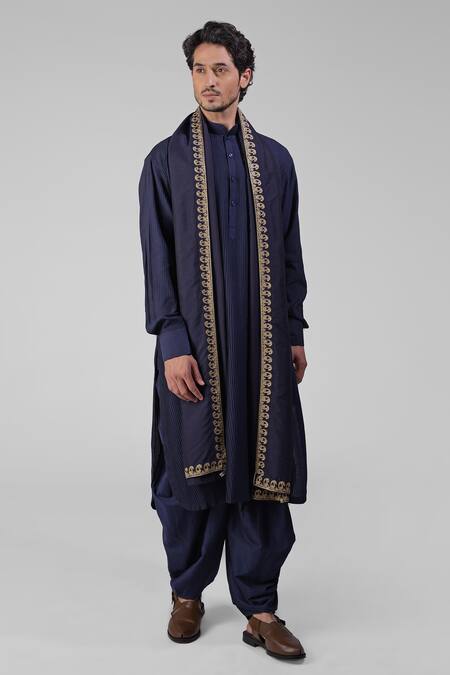 Talking Threads_Blue Silk Embroidered Thread Pintuck Kurta Salwar Set  _at_Aza_Fashions