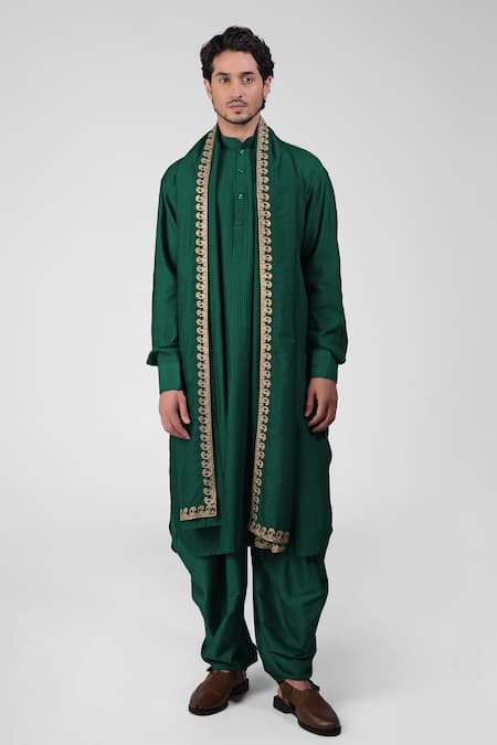 Talking Threads Emerald Green Silk Embroidered Thread Straight Kurta Salwar Set  