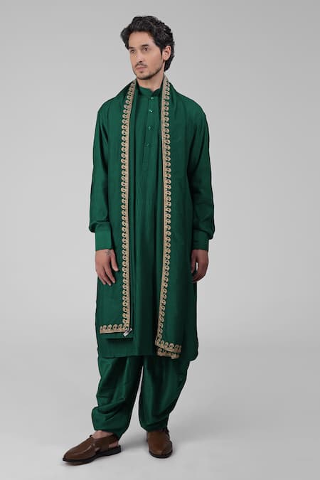 Talking Threads_Emerald Green Silk Embroidered Thread Straight Kurta Salwar Set  _at_Aza_Fashions
