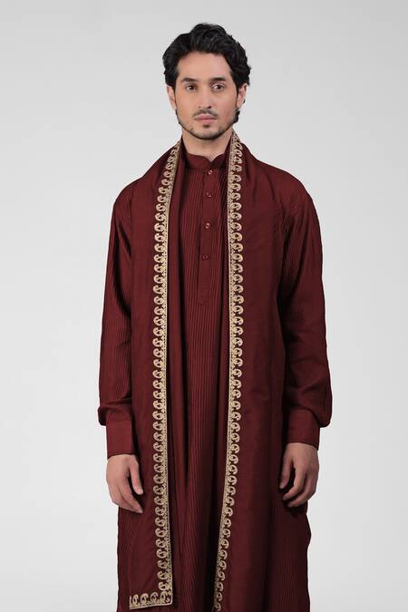 Shop Talking Threads Maroon Silk Embroidered Thread Pintuck Kurta Salwar Set Online at Aza Fashions Shop_Talking Threads_Maroon Silk Embroidered Thread Pintuck Kurta Salwar Set _Online_at_Aza_Fashions