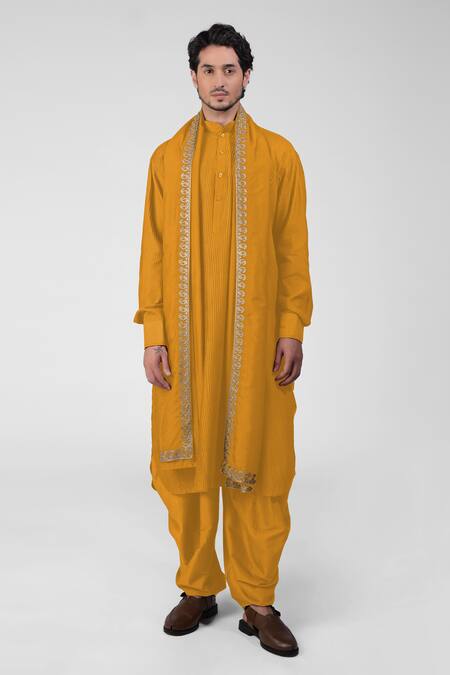 Talking Threads_Yellow Silk Embroidered Thread Pintuck Straight Kurta Salwar Set  _Online_at_Aza_Fashions