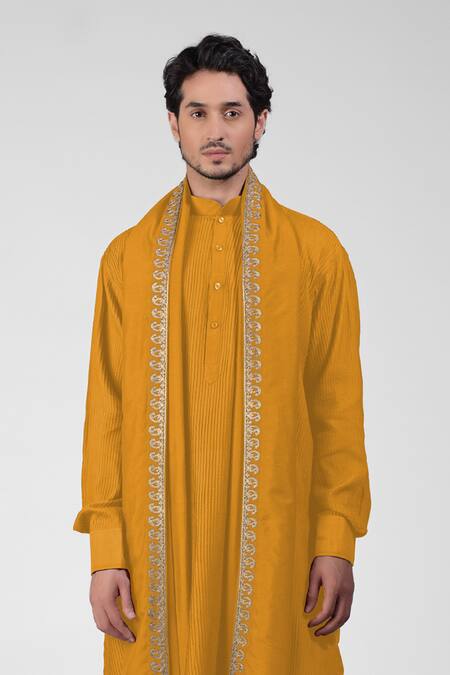 Buy_Talking Threads_Yellow Silk Embroidered Thread Pintuck Straight Kurta Salwar Set  _Online_at_Aza_Fashions