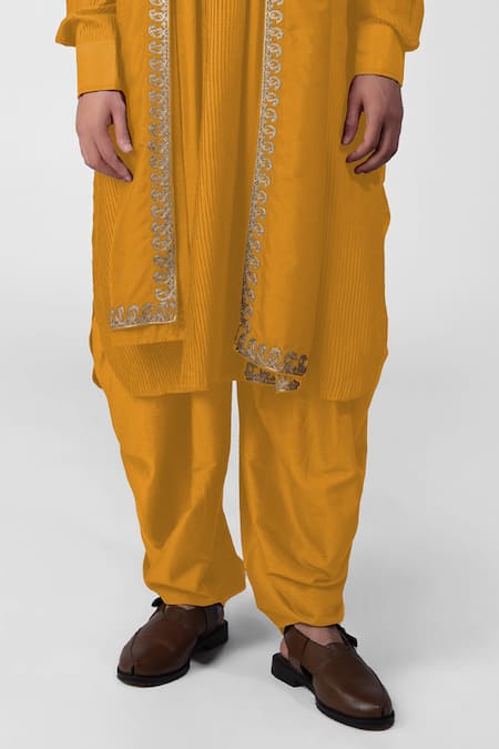 Shop_Talking Threads_Yellow Silk Embroidered Thread Pintuck Straight Kurta Salwar Set  _Online_at_Aza_Fashions