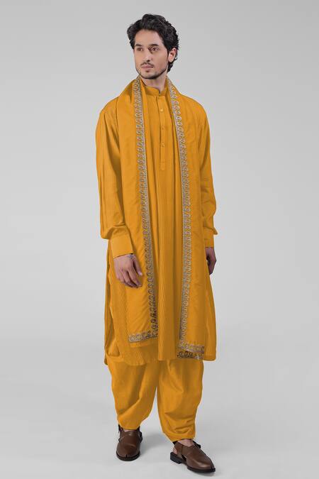 Talking Threads_Yellow Silk Embroidered Thread Pintuck Straight Kurta Salwar Set  _at_Aza_Fashions