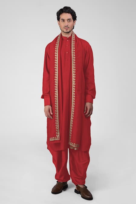 Talking Threads Red Silk Embroidered Thread Pintuck Straight Kurta Salwar Set  