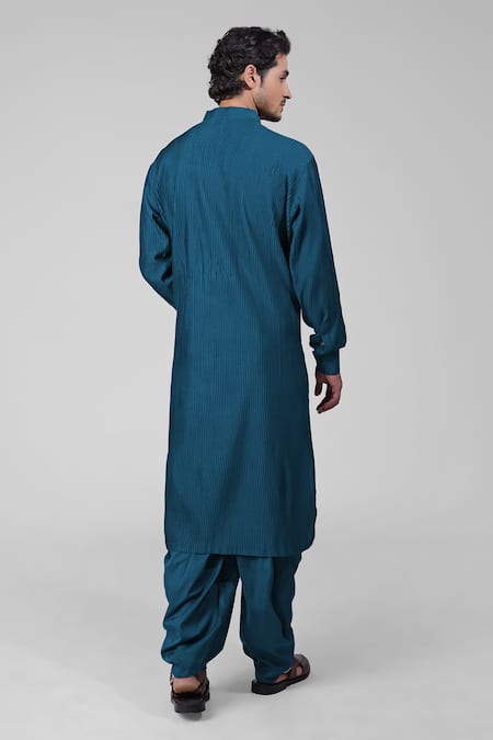 Shop Talking Threads Blue Silk Embroidered Thread Straight Pintuck Kurta Salwar Set at Aza Fashions Shop_Talking Threads_Blue Silk Embroidered Thread Straight Pintuck Kurta Salwar Set _at_Aza_Fashions
