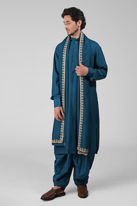 Talking Threads Blue Silk Embroidered Thread Straight Pintuck Kurta Salwar Set Online at Aza Fashions Talking Threads_Blue Silk Embroidered Thread Straight Pintuck Kurta Salwar Set _Online_at_Aza_Fashions