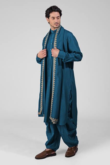 Buy Talking Threads Blue Silk Embroidered Thread Straight Pintuck Kurta Salwar Set Online at Aza Fashions Buy_Talking Threads_Blue Silk Embroidered Thread Straight Pintuck Kurta Salwar Set _Online_at_Aza_Fashions