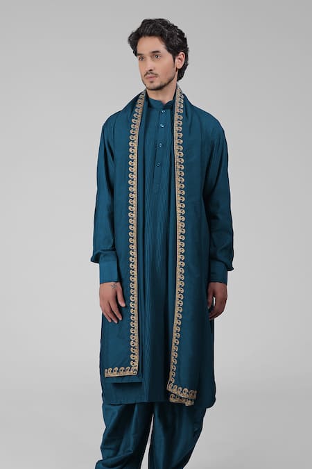 Talking Threads Blue Silk Embroidered Thread Straight Pintuck Kurta Salwar Set at Aza Fashions Talking Threads_Blue Silk Embroidered Thread Straight Pintuck Kurta Salwar Set _at_Aza_Fashions