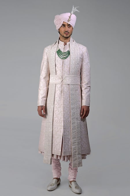 Talking Threads Pink Silk Embroidered Thread Sherwani Set Online at Aza Fashions Talking Threads_Pink Silk Embroidered Thread Sherwani Set _Online_at_Aza_Fashions