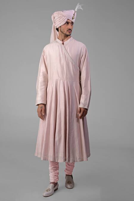 Buy_Talking Threads_Pink Chanderi Embroidered Chikankari Plain Angarkha Kurta Churidar Set _Online_at_Aza_Fashions