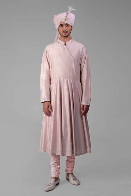 Shop_Talking Threads_Pink Chanderi Embroidered Chikankari Plain Angarkha Kurta Churidar Set _Online_at_Aza_Fashions