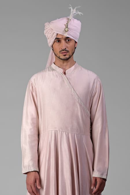 Talking Threads_Pink Chanderi Embroidered Chikankari Plain Angarkha Kurta Churidar Set _at_Aza_Fashions