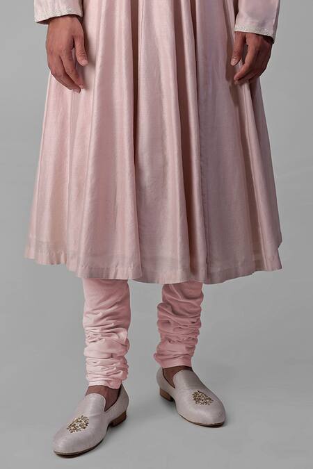 Buy_Talking Threads_Pink Chanderi Embroidered Chikankari Plain Angarkha Kurta Churidar Set 