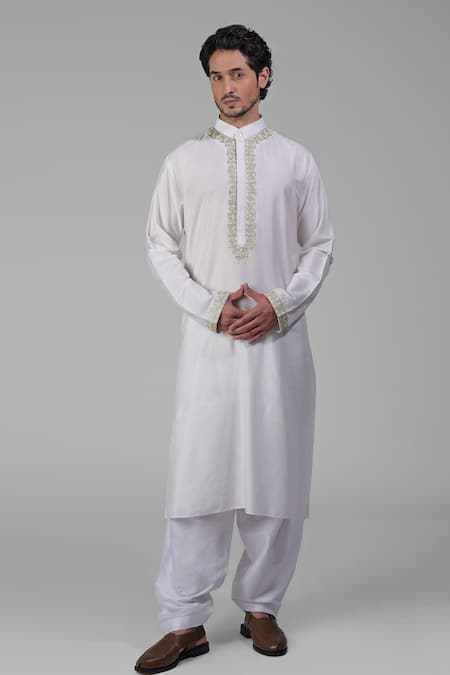 Talking Threads Ivory Silk Embroidered Thread Kurta Pant Set  