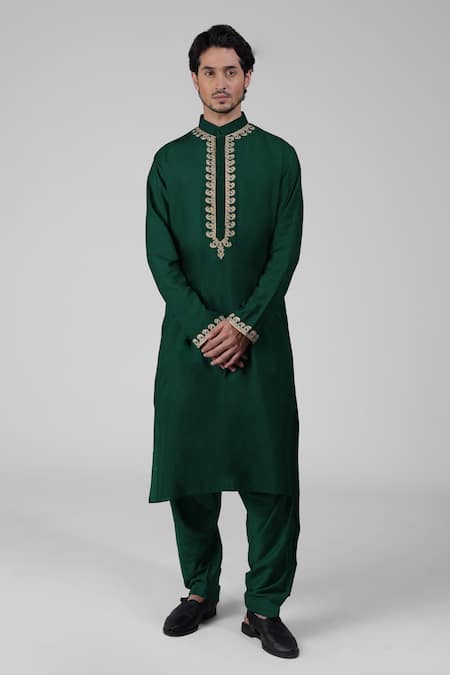 Talking Threads Green Silk Embroidered Tilla Kurta Salwar Set  