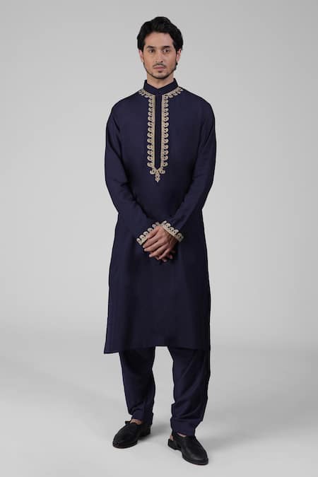 Talking Threads Blue Silk Embroidered Tilla Straight Kurta Salwar Set  