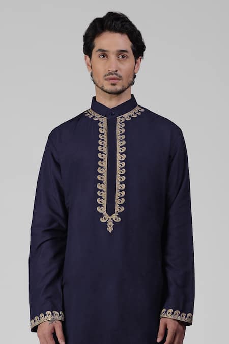Buy_Talking Threads_Blue Silk Embroidered Tilla Straight Kurta Salwar Set  _Online_at_Aza_Fashions
