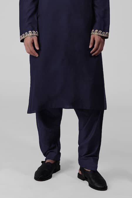Shop_Talking Threads_Blue Silk Embroidered Tilla Straight Kurta Salwar Set  _Online_at_Aza_Fashions
