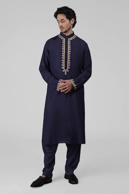 Talking Threads_Blue Silk Embroidered Tilla Straight Kurta Salwar Set  _at_Aza_Fashions