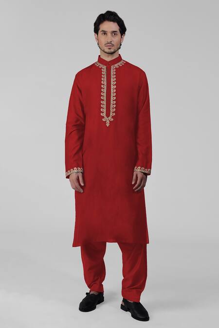 Buy_Talking Threads_Red Silk Embroidered Tilla Thread Work Kurta Salwar Set  _Online_at_Aza_Fashions