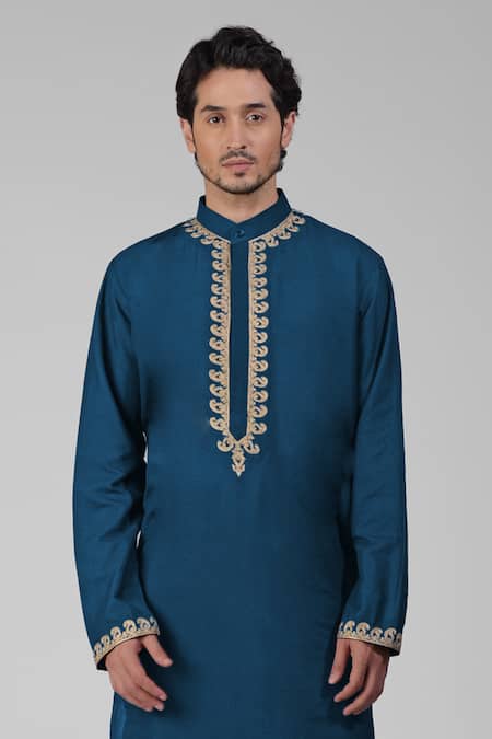 Buy Talking Threads Blue Silk Embroidered Tilla Thread Work Kurta Salwar Set Online at Aza Fashions Buy_Talking Threads_Blue Silk Embroidered Tilla Thread Work Kurta Salwar Set _Online_at_Aza_Fashions