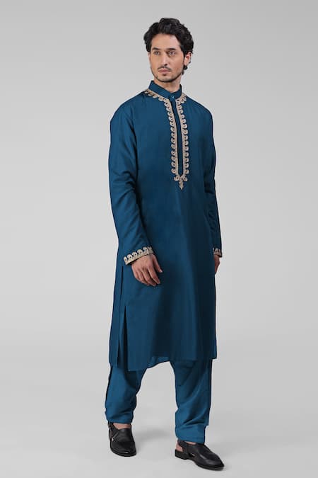 Talking Threads Blue Silk Embroidered Tilla Thread Work Kurta Salwar Set at Aza Fashions Talking Threads_Blue Silk Embroidered Tilla Thread Work Kurta Salwar Set _at_Aza_Fashions