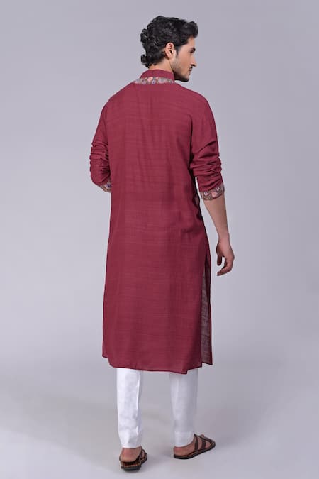 Shop_Talking Threads_Maroon Silk Embroidered Kashidakari Floral Kurta  _at_Aza_Fashions