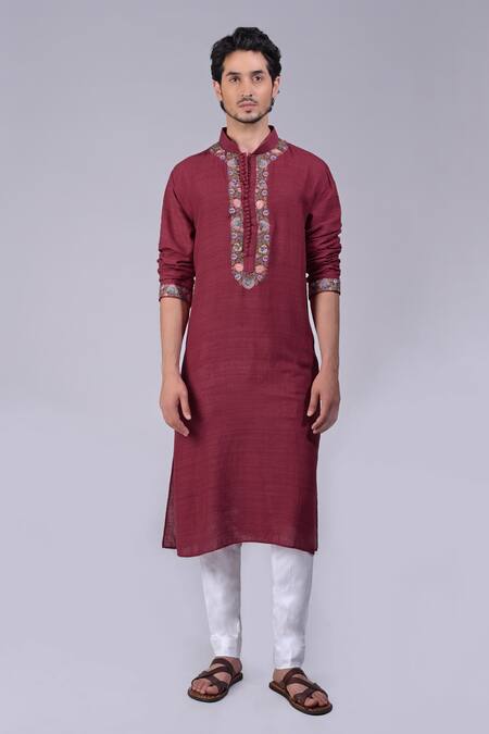 Talking Threads_Maroon Silk Embroidered Kashidakari Floral Kurta  _Online_at_Aza_Fashions