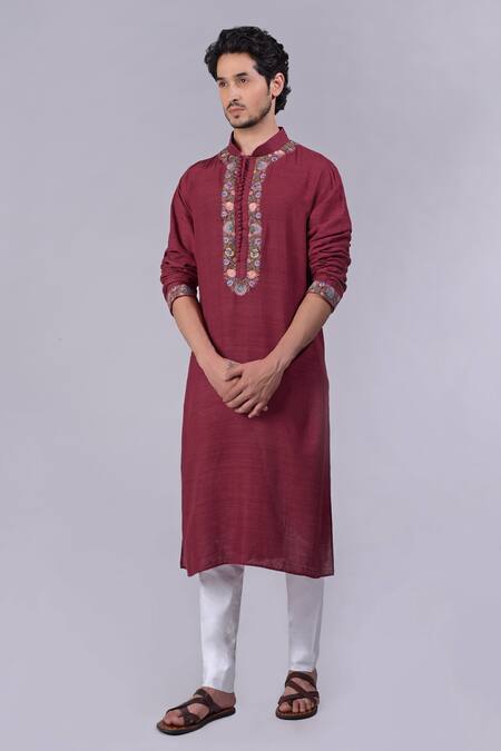 Buy_Talking Threads_Maroon Silk Embroidered Kashidakari Floral Kurta  _Online_at_Aza_Fashions