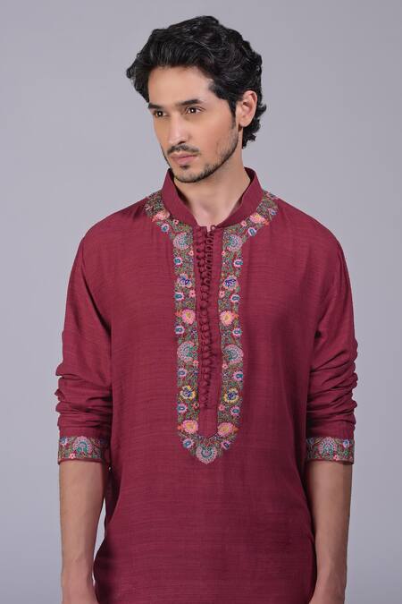 Talking Threads_Maroon Silk Embroidered Kashidakari Floral Kurta  _at_Aza_Fashions
