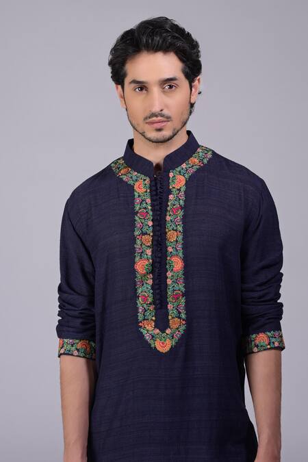 Shop Talking Threads Blue Silk Embroidered Kashidakari Kurta Online at Aza Fashions Shop_Talking Threads_Blue Silk Embroidered Kashidakari Kurta _Online_at_Aza_Fashions