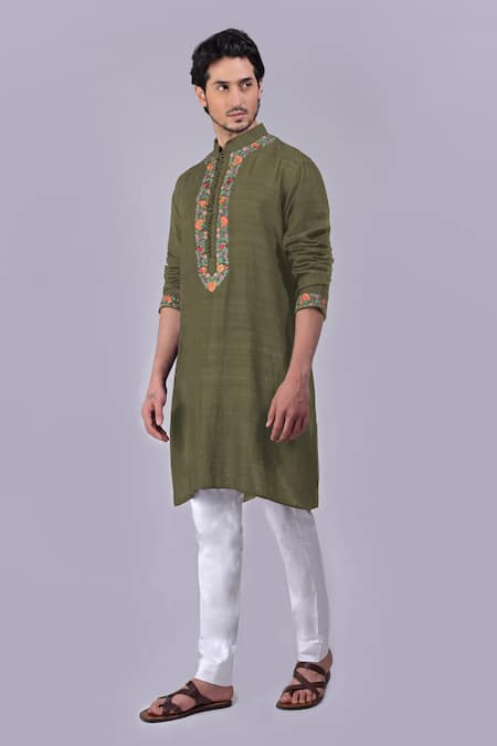 Talking Threads Green Silk Embroidered Kashidakari Straight Kurta  