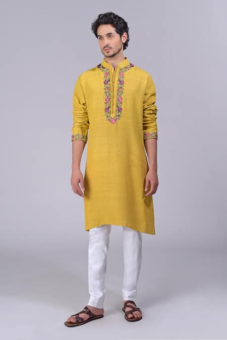 Talking Threads_Yellow Silk Embroidered Kashidakari Floral Kurta  _Online_at_Aza_Fashions