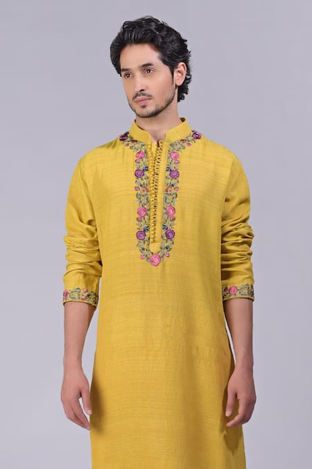 Buy_Talking Threads_Yellow Silk Embroidered Kashidakari Floral Kurta  _Online_at_Aza_Fashions