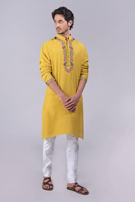 Talking Threads_Yellow Silk Embroidered Kashidakari Floral Kurta  _at_Aza_Fashions
