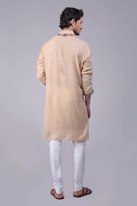 Shop_Talking Threads_Beige Silk Embroidered Kashidakari Band Collar Floral Kurta  _at_Aza_Fashions